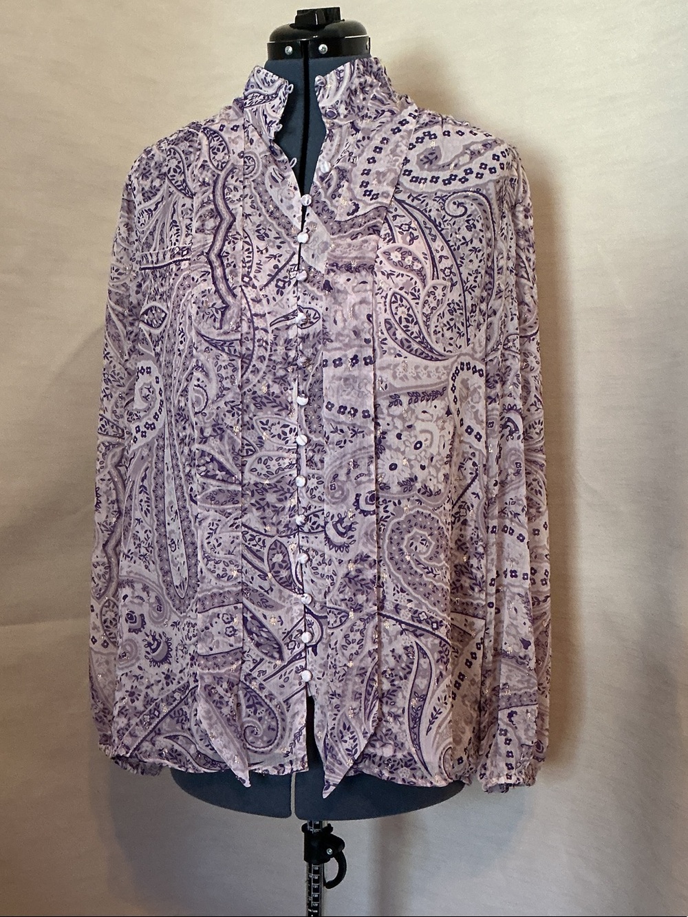 Ann Taylor Lavender Paisley Ruffle-Trim Button Front Blouse